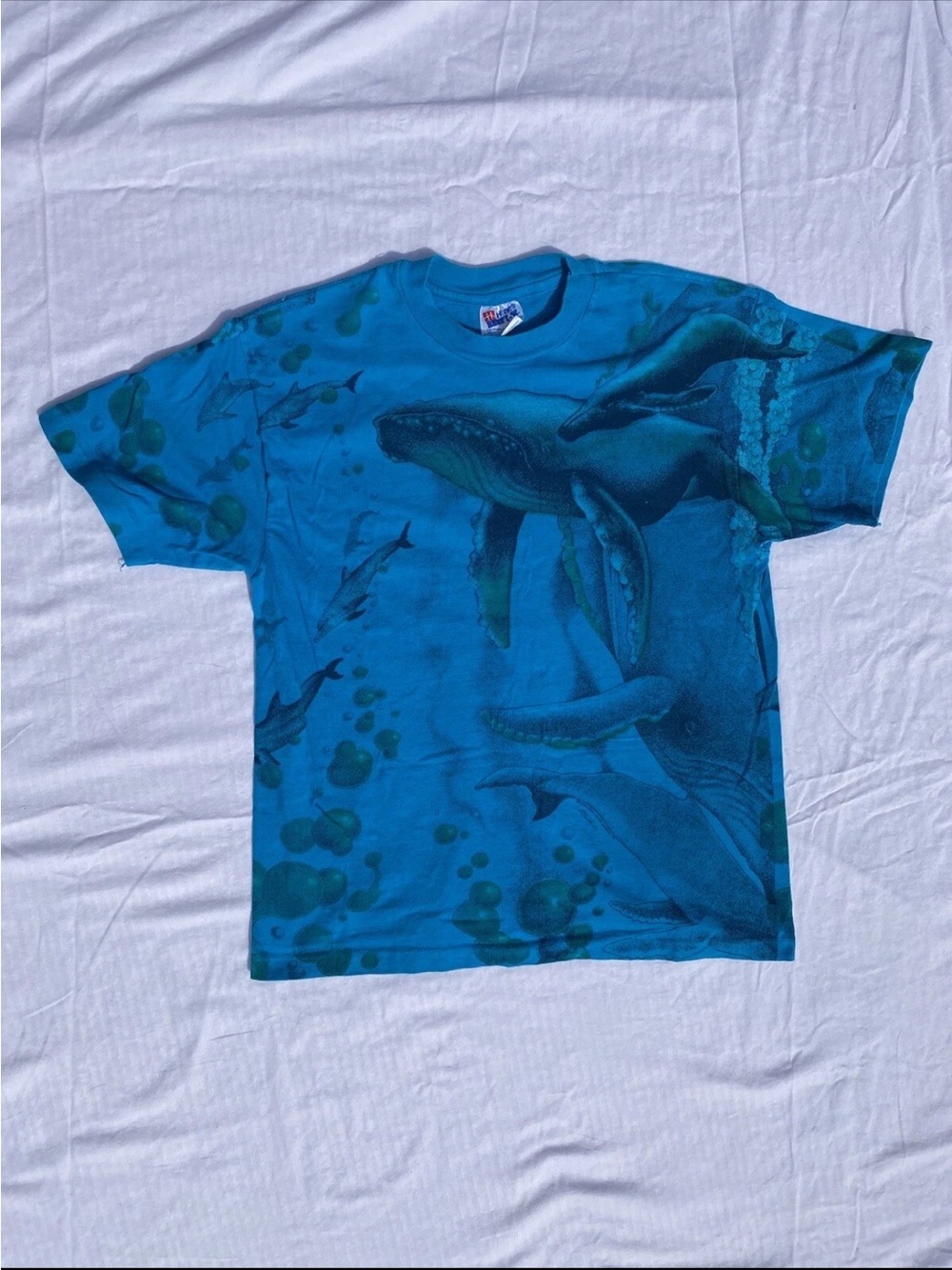 Hanes Bright Blue Crewneck Tee Aquarium Whale Under The Sea Shirt